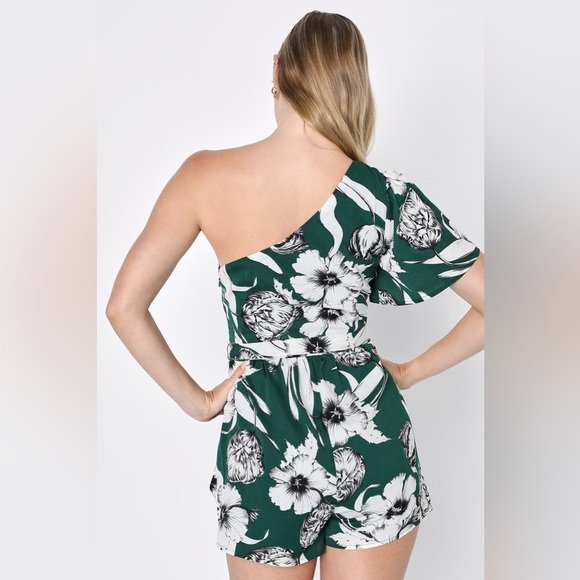 Lulus Flawless Moments Green Floral Print One-Shoulder Romper - Picture 2 of 15